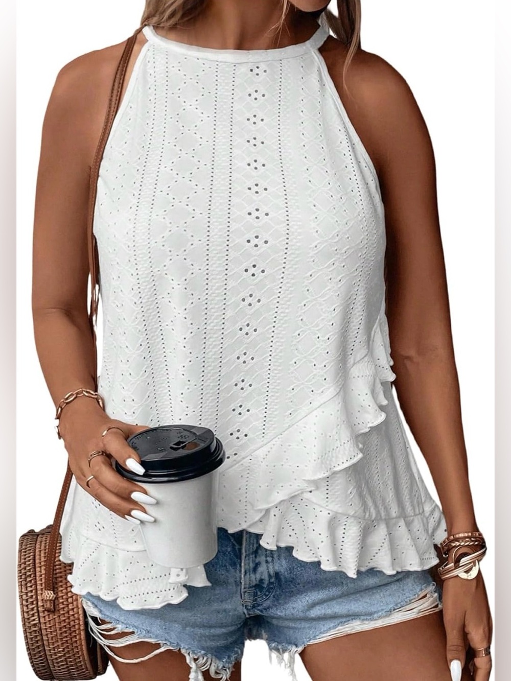 EYELET TANK RUFFLE HALTER TOP WHITE SUMMER TOP SIZE MEDIUM